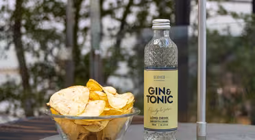 En glasskål med potatischips står på ett bord bredvid en drink på flaska märkt "Gin & Tonic". Bakgrunden presenterar grönt lövverk och en metallstolpe. Scenen föreslår en utomhusmiljö.