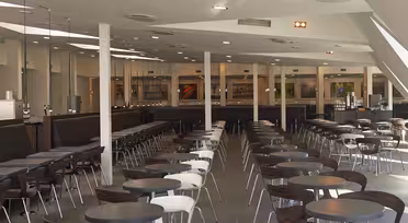 Bild av en tom cafeteria med rader av bord och stolar. Rummet är rymligt, med högt i tak och modern belysning. Vita och mörkbruna stolar paras ihop med matchande runda bord på ett grått klinkergolv. Stora fönster släpper in naturligt ljus.