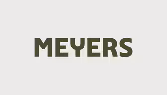 Bilden presenterar ordet "MEYERS" i djärva, mörkgröna versaler mot en ljusgrå bakgrund.