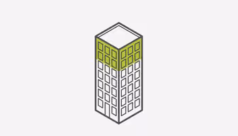 Illustration av en flervåningsbyggnad med en grå kontur. Den har många fönster och en grön överdel som liknar ett tak eller översta våningen. Byggnadsdesignen ser geometrisk och modern ut mot en vanlig vit bakgrund.
