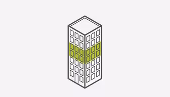 Isometrisk illustration av en hög, rektangulär byggnad med en vit fasad. Mittpartiet har en rad gröna fönster, i kontrast till byggnadens övervägande vita fönster. Designen har en minimalistisk, geometrisk stil.