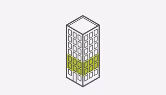 Illustration av en flervåningsbyggnad med en geometrisk design. Strukturen har flera fönster och ett markerat grönt band runt mellanvåningarna, mot en vanlig vit bakgrund.