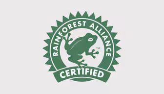 Rainforest Alliance Certified logotyp med ett grönt cirkulärt märke med en grodsilhuett i mitten. Orden "Rainforest Alliance Certified" omger grodan, med en sunburst-kant runt designen.