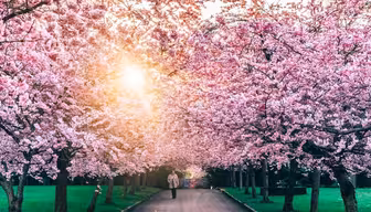 En person går längs en väg kantad av körsbärsträd i full blom. Solljuset filtrerar genom de rosa blommorna och ger ett varmt sken. Gräset på båda sidor är frodigt och grönt, vilket förstärker scenens livfulla färger.