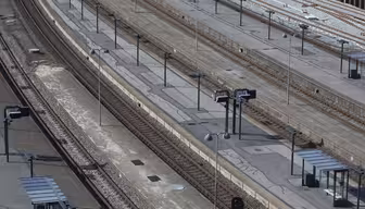 En flygbild över en tom tågstation med flera parallella spår och plattformar. Det finns små skyddsrum och skyltar på plattformarna, utan folk närvarande. Inställningen ser ljus och tydlig ut.