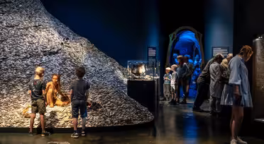 Människor utforskar en museumsutställning med utställningar av antika artefakter. En kvinna sitter på en stor kulle av snäckor. Barn och vuxna observerar olika föremål. Inramningen har mörka väggar och fokuserad belysning på utställningsföremålen.